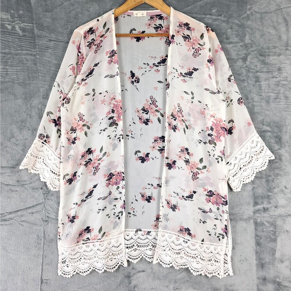 Womens Kimono Medium Romantic Floral Sheer Crochet Boho Soft Girl Feminine Gauzy